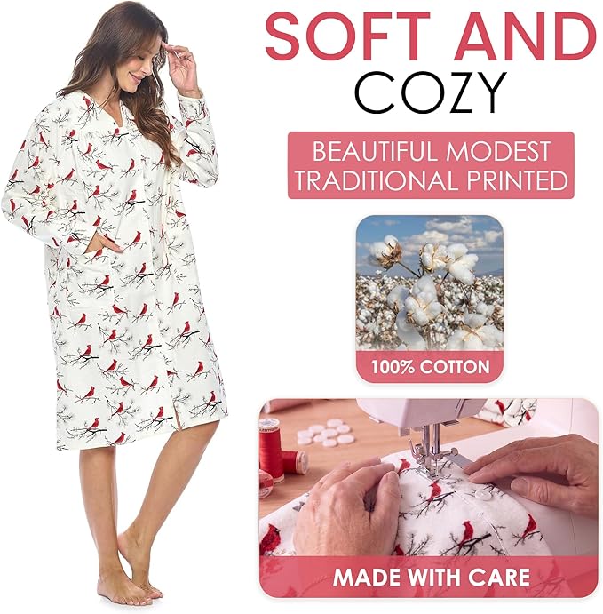 Casual Nights Women's Floral Snap Front Flannel Duster Long Sleeve Lounger Dress