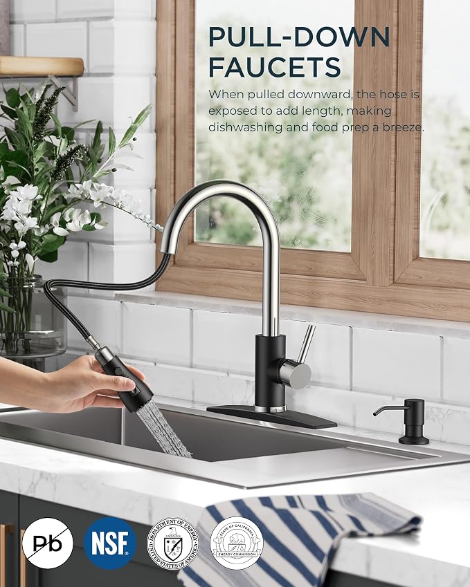 FORIOUS Kitchen Faucets with Soap Dispenser and Pull Down Sprayer, Bar High Arc Single Handle Classic 3 Modes Stainless Steel Faucet for Kitchen Sink Farmhouse RV Laundry Camper, Black Chrome