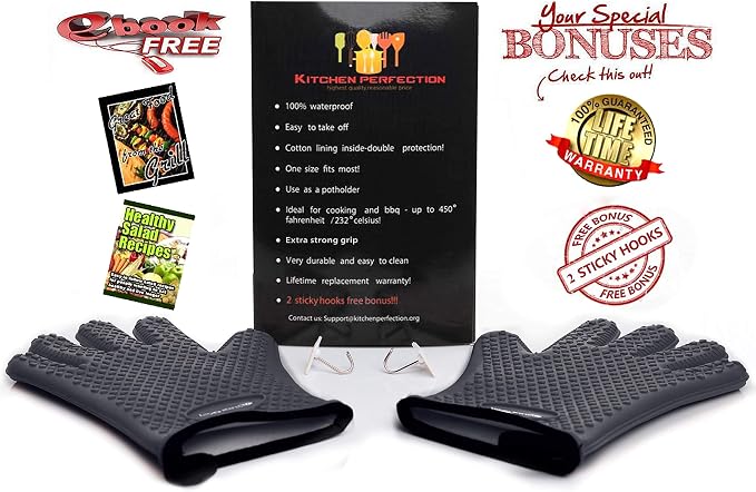 KITCHEN PERFECTION Silicone Smoker Oven Gloves-Extreme Heat Resistant BBQ Gloves-Handle Hot Food Right on Your Grill Fryer & Pit|Waterproof Grilling Cooking Baking Mitts|Superior Value Set +3 Bonuses | Waterproof, 5-Finger Design For A Better Grip, for...