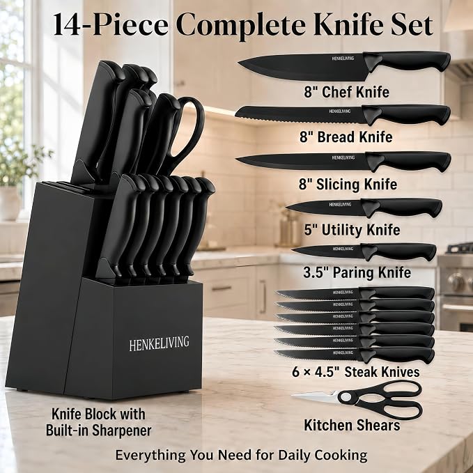 14-Piece Black Kitchen Knife Block Set with Built-In Sharpener | German high-carbon stainless steel blades, dishwasher safe, ultra-sharp edges, ergonomic non-slip handles