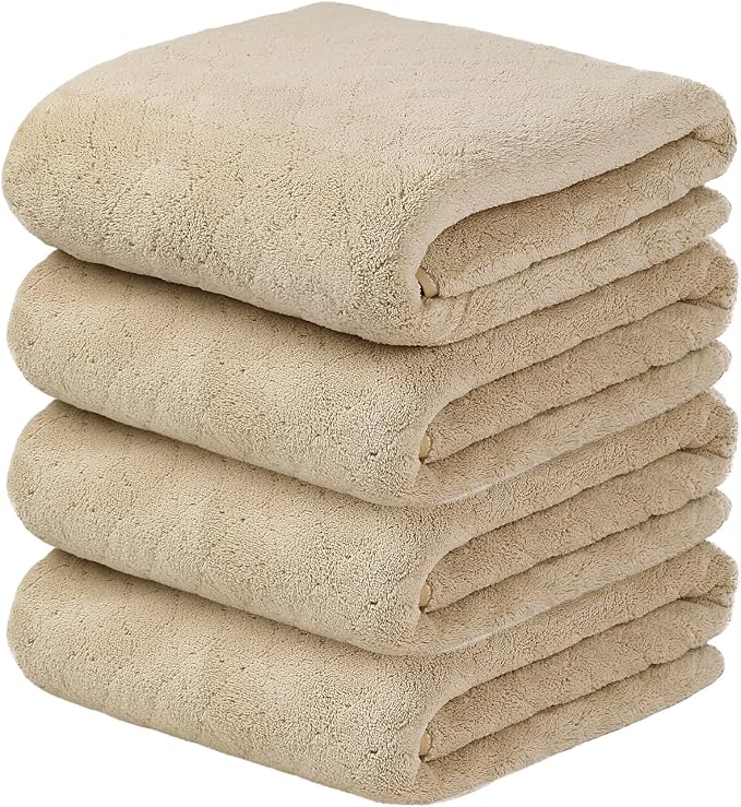 JML Bath Towels, Pack of 4, 30"x60", Large, Camel | Hanging Loop, Super Soft, Absorbent, Lint Free, Fade Resistant, Lightweight, Quick Dry, Use for SPA , Sauna, Salon Hair Wrap