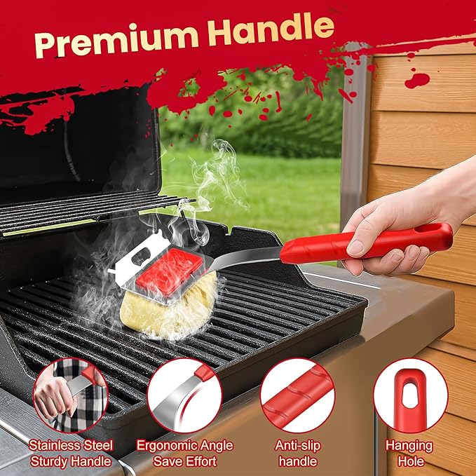 Grill Brush Bristle Free with 5 Replaceable Pads, BBQ Grill Brush Replaceable Cleaning Head, Grill-Cleaner Brush for Cast Iron/Stainless Steel Grates, Gift for Men Dad-Red
