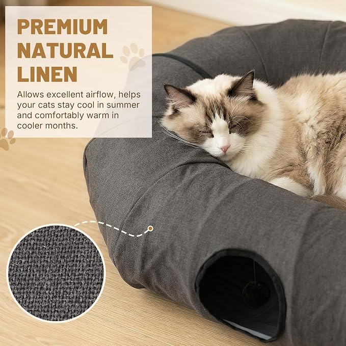 Extra Large Cat Tunnel, Cooling Natural Linen Big Tunnel for Large Cats, 47.2in Multi-Cat Family Long Cat Tunnel Bed with Washable Mat, Breathable & Durable Big Cat Tunnel for Cats, Dark Grey