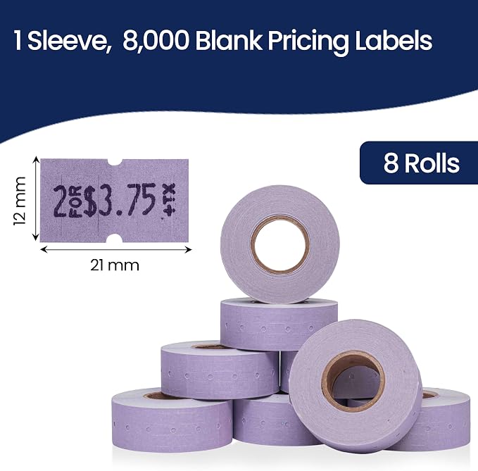 Perco 1 Line Lavender Labels - 8,000 Blank Price and Date Gun Labels for Perco Lite, X, Plus and Pro 1 Line Price and Date Guns- 8 Rolls, 1 Sleeve - Made in USA