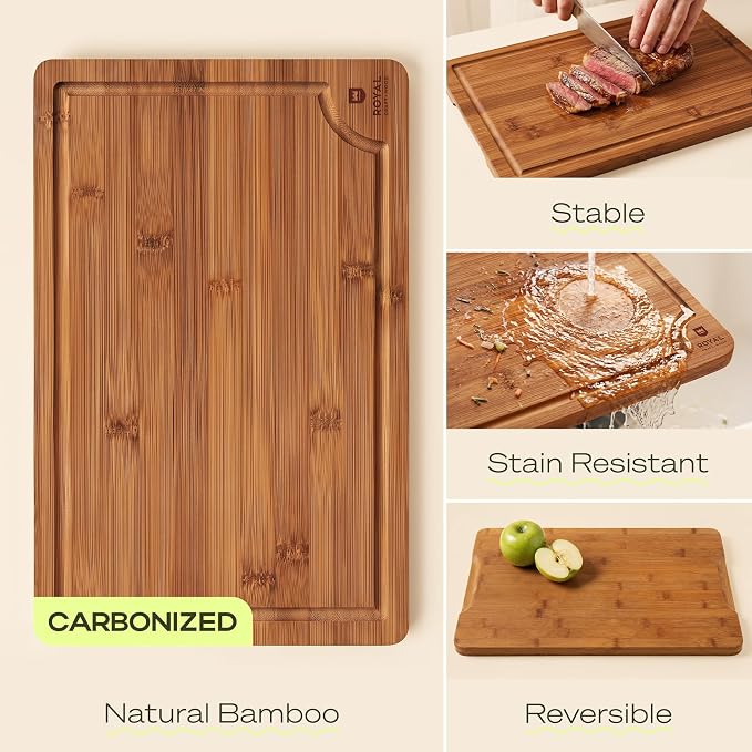 ROYAL CRAFT WOOD Wooden Cutting Boards for Kitchen Meal Prep & Serving - Bamboo Non Toxic Cutting Board Set with Deep Juice Groove Side Handles - Charcuterie & Chopping Butcher Block for Meat (2 Pcs)