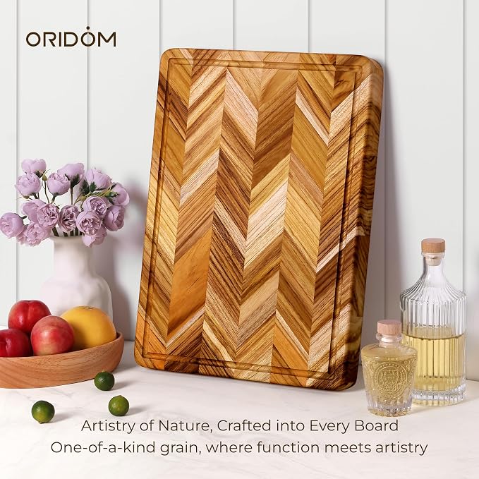 Teak Wood Cutting Board for Kitchen Large End Grain Heavy Duty Checkered Wooden Cutting Board Non Toxic Herringbone Charcuterie Butcher Block Non Slip Hardwood Chopping with Juice Groove Handle