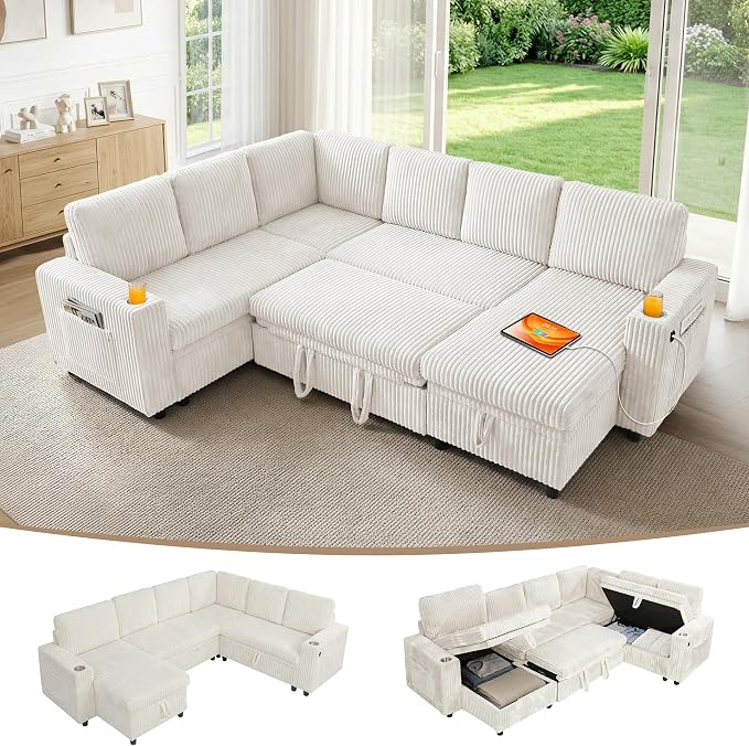 106 in L Shaped Modular Sectional Sofa Couch for Living Room, Beige | Pull Out Sleeper Bed, 7 Seat Modular Design, Hidden Storage Space, USB Charging, Cup Holders, Soft Corduroy, Easy Assembly