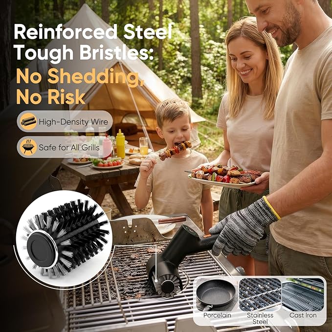 Electric Grill Brush for Outdoor Grill, BBQ Grill Cleaner Cleaning Brush with Stainless Steel Rotary Head, 500RPM Motorized, 3 Speed Modes, 120Mins Runtime, No Bristle Shedding, Gifts for Men/Dad