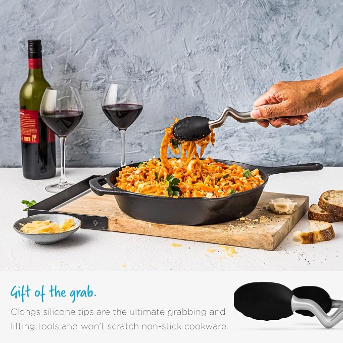 Dreamfarm Clongs Grippy Silicone & Stainless Steel Kitchen Cooking Tongs with Click-Lock Open & Close - 9" Black | Stainless steel, strong-grip non-stick safe tips, one-handed button lock open and close, sit-up handles for mess free benches