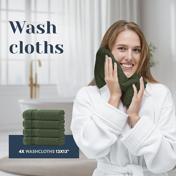 White Classic Luxury Bath Towel Set of 8 Pieces - 100% Turkish Cotton Highly Absorbent Towels for Bathroom, 2 Luxury Bath Towels 700GSM, 2 Hand Towels, 4 Washcloths, Forest Green