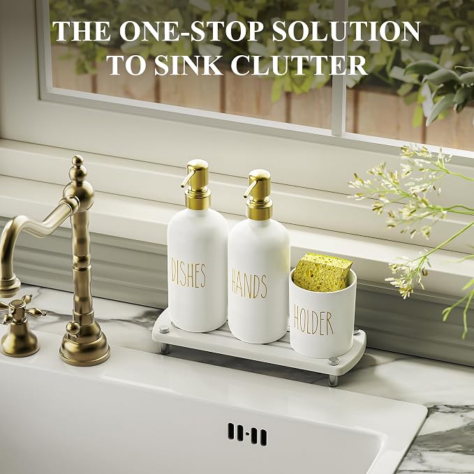 Cisily Kitchen Soap Dispenser Set Comes with Ceramics Sponge Holder, Gold Pumps, and Instant Dry Tray, Hand and Dish Soap Dispenser Set (4, Gold + White + Brush Holder)