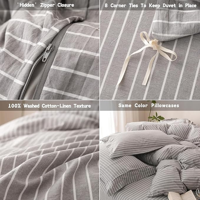 Stripe Duvet Cover Twin Size 90inch x 68inch, 100% Washed Cotton Linen Feel Duvet Cover with Zipper Closure and 1 Pillowcases, Color of Grey-White Stripe