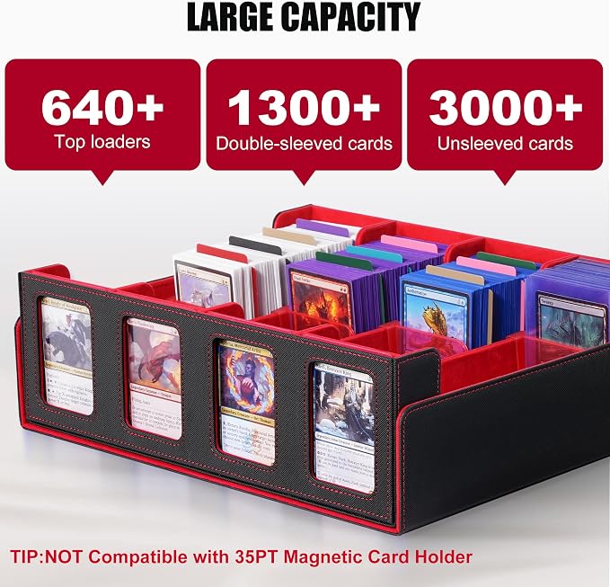 Kabinka Trading Card Storage Box with Commander Display, 4-Row Deck Case with Removable Lid; 2400+ Card Deck Box for MTG TCG Sports Card, 4 Top Loaders, 4 Stoppers, 24 Dividers,1 Dice Bag (Black Red)