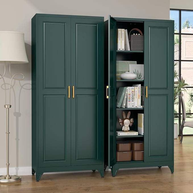 SteeLoong 75”Metal Pantry Storage Cabinet with Doors & 4 Adjustable Shelves | Kitchen Pantry Cabinet,Green Kitchen Cabinet with 2 Gold Handles,Tall Cabinet for Livingroom,Pantry, Bathroom,Kitchen,Garage