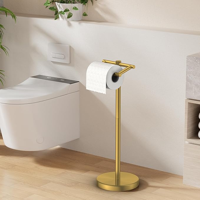 FORIOUS Toilet Paper Holder Wall Mount, Stainless Steel Rustproof Double Post Pivoting Tissue Roll Holder for Bathroom, Commercial Toilet Paper Dispenser Toilet Paper Stand, Brushed Gold