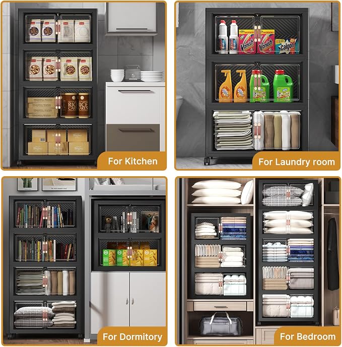 Stackable Storage Bins, 275QT Collapsible Drawers with 1 Lid | Large Capacity, Magnetic Door, Stack Lock, Rolling Wheels, Foldable Design, Organizers and Storage for Bedroom Dorm Garage