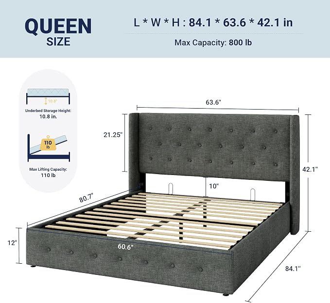 Allewie Queen Size Lift Up Storage Button-Tufted Bed Frame Dark Grey | Modern Wingback Headboard, Hydraulic Support Storage, No Box Spring Needed