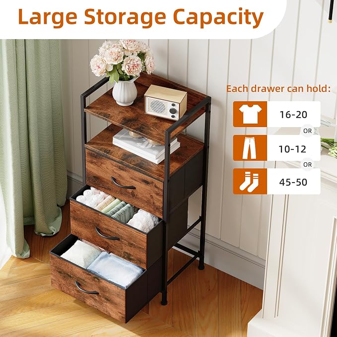 Somdot Nightstand with 3 Drawers, Dresser with Fabric Bins for Bedroom, Hallway, Entryway, Night Stand Bedside Table Furniture, Sturdy Steel Frame, Wooden Top, Easy Pull Fabric Bins, Wood Grain Print