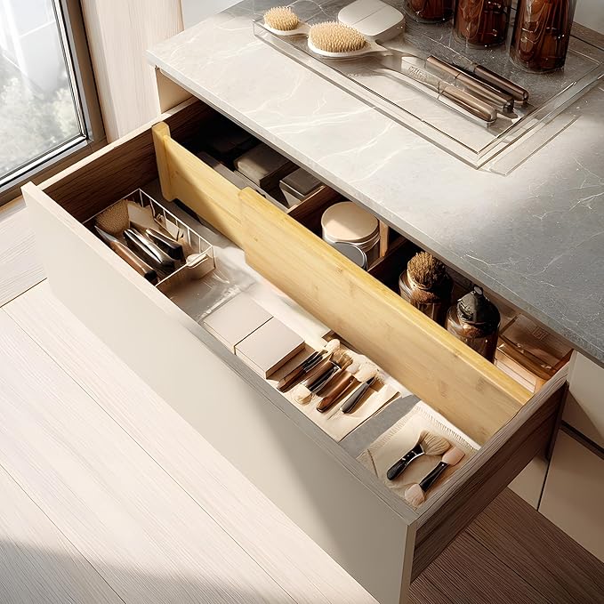 VaeFae 6 Pack Bamboo Drawer Dividers, 4" High Adjustable 16.6" - 21.8" Clothes Drawer Organizers, Expandable Separators for Bedroom/Bathroom/Kitchen/Office Storage