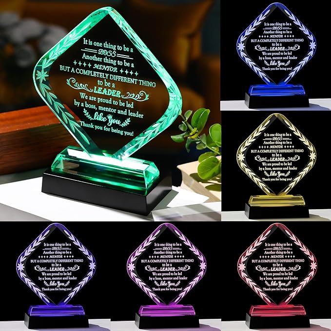 Glass Best Boss Ever Gifts for Women with LED Light Base, Personalized Appreciation Gift for Men, Retirement Plaque Gifts for Lady Boss Going Away, Boss's Day Gift Idea for Office Home Decoration