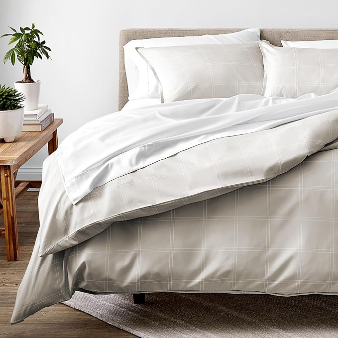 Bare Home Bedding Duvet Cover Queen Size - Premium 1800 Super Soft Collection - Lightweight, Duvet Cover - Soft Textured Bedding (Queen, Modern Plaid - Stone/White)