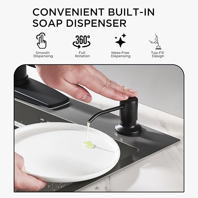 FORIOUS Kitchen Faucet with Soap Dispenser, Black Stainless Steel Sink Faucet with Sprayer Single Handle, Commercial Modern Spring Faucet for Kitchen Sink, Bar & Prep Sink, Laundry RV Camper
