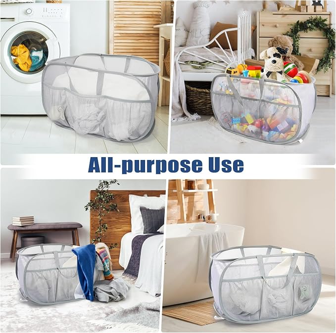 Collapsible Laundry Baskets, Upgrade Pop Up Laundry Hamper with Convenient Bags, Foldable Laundry Basket Mesh Light Weight, Easy to Carry Clothes Hampers for Laundry, Dorm, Toys, Travel Grey