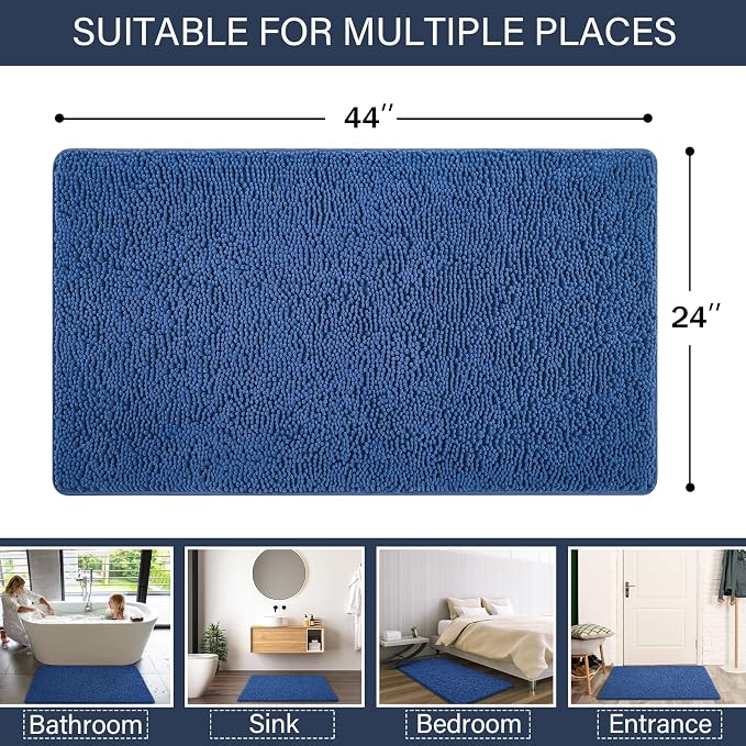 LOCHAS Luxury Bathroom Rug Shaggy Bath Mat 24 x 44 Inch, Blue | Washable Non Slip Bath Rugs for Bathroom Shower, Soft Plush Chenille Absorbent Carpets