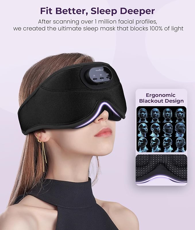 MUSICOZY 3D Bluetooth Sleep Mask with Headphones and Timer, Wireless Sleep Headphones for Side Sleepers, Eye Mask with Bluetooth Headphone, Unique Gifts for Men Women, Black