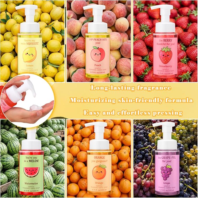 6 Pack Funny Fruit Foaming Hand Soap with Pump Care Moisturizing Liquid Fresh Flavor Foam Hand Wash Teacher Appreciation Gift Bulk Motivational Pun Gift for Nurse Employee Staff Graduation, 8.75 Fl oz