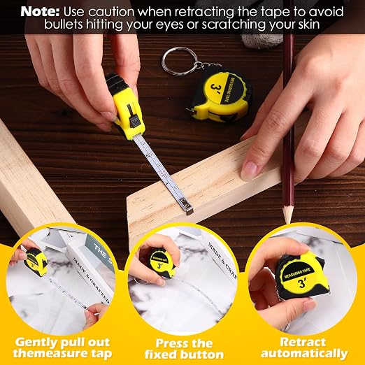 Kanayu 50 Mini Measuring Tape with Keychain Retractable Measure Tapes Portable Small Measurement Tapes Slide Lock Tape Measure with Pause Buttons for Engineer Kids Adult (3 ft,Yellow)