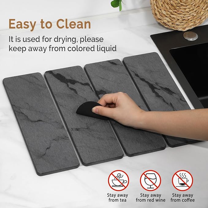 Small Stone Dish Drying Mat for Kitchen Counter, 2 PCS 16"×12" & 8"x4" Quick Dry Stone Mats, Foldable Water Absorbing Diatomite Drying Dish Pad for Countertop Bottles Utensils Cups(Dark Gray Ink)