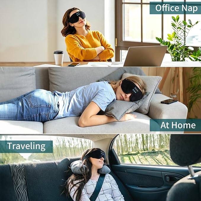 Sleep Headphones, 3D Sleep Mask with Bluetooth Headphones, 100% Light Blocking Music Eye Mask, Sleeping Headphones for Side Sleepers Sleeping Mask Thin Stereo Speakers Perfect for Sleeping