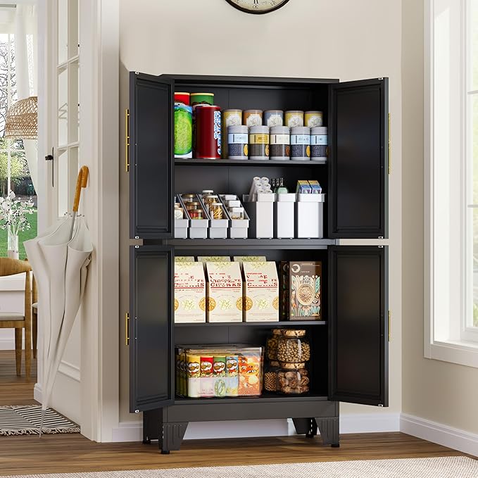 GAIOUS 47.25" Metal Storage Cabinet, Black Kitchen Food Cabinet with 4 Door | and 2 Adjustable Shelves, Freestanding Bathroom Cabinet, Pantry for Kitchen Dinning Room Bathroom, Cupboard, Food Storage