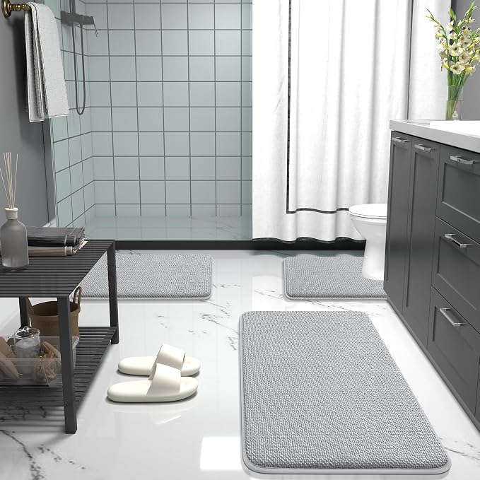 OLANLY Thick Memory Foam Bathroom Rug 34x21, Absorbent Bath Mat, Light Grey | Soft Quick Dry Bath Rugs Mats, Non-Slip, Machine Washable Carpet for Bathroom Floor, Tub and Shower, Home Decor Accessories