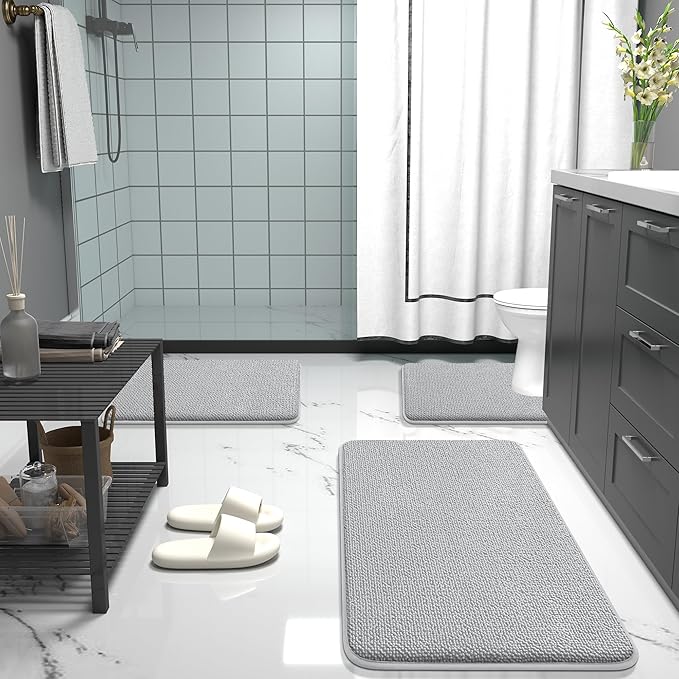 OLANLY Thick Memory Foam Bathroom Rug 30x20, Absorbent Bath Mat, Light Grey | Soft Quick Dry Bath Rugs Mats, Non-Slip, Machine Washable Carpet for Bathroom Floor, Tub and Shower, Home Decor Accessories