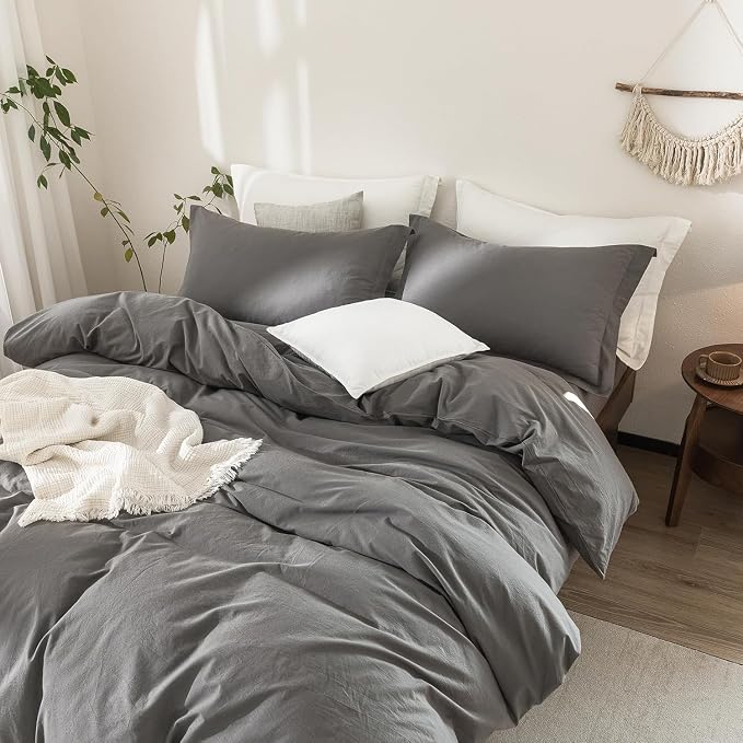 Dark Grey Duvet Cover Oversize Queen Size Bedding Set Cover 100% Washed Cotton Duvet Cover with Zipper Closure and 2 Pillowcases, 98inch x 98inch