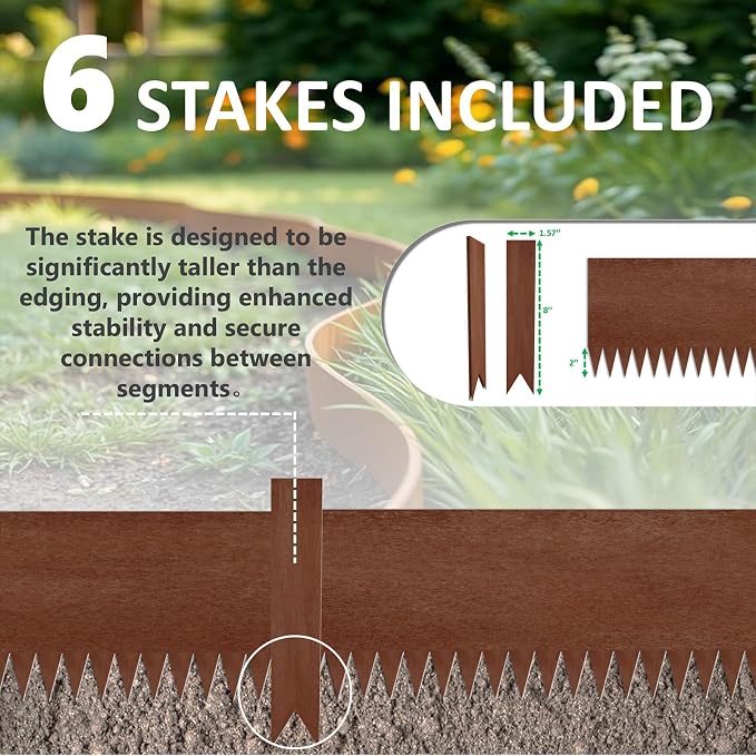 20ft. 6-Pack Cor-Ten Steel Landscape Edging - 40" L x 6" H Metal Edging for Landscaping with 6 Stakes, Hammer-in Garden Edging, Metal Landscape Edging for Flower beds, Lawn & Yard (Rusted)