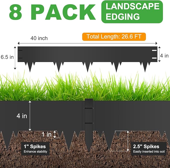 8-Pack Metal Landscape Edging (26.6ft Total), 40" x 6.5" Steel Garden Edging Border w/ 8 Stakes, Rustproof Hammer-in Edging for Landscaping, Lawn, Yard, Tree Rings, Flower Beds