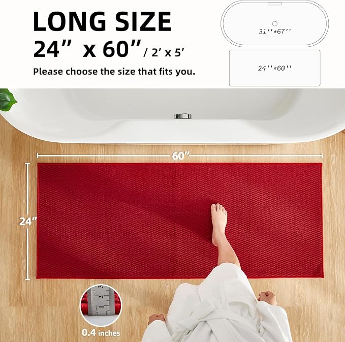 TYUU Christmas Bathroom Runner Rug, Long Bath Mat Washable Thin Quick Dry Low Pile Bathroom Runner Rugs 24 x 60 Non Slip, Red 24"x60"