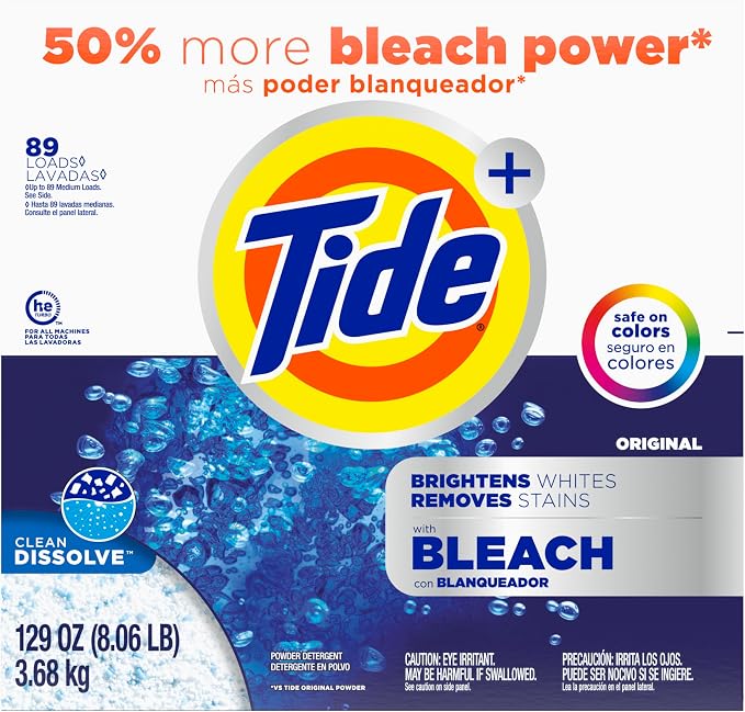 Tide Powder Laundry Detergent with Bleach, Original Scent, 89 Loads, 129 oz (Pack of 2)