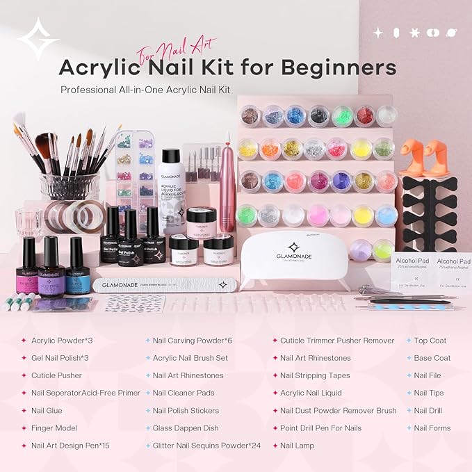 Glamonade Acrylic Nail Kit for Beginners: Professional Acrylic Nail Kit Set with Everything with Drill Powder Nail Art Starter Tech Kit at Home Salon Gift