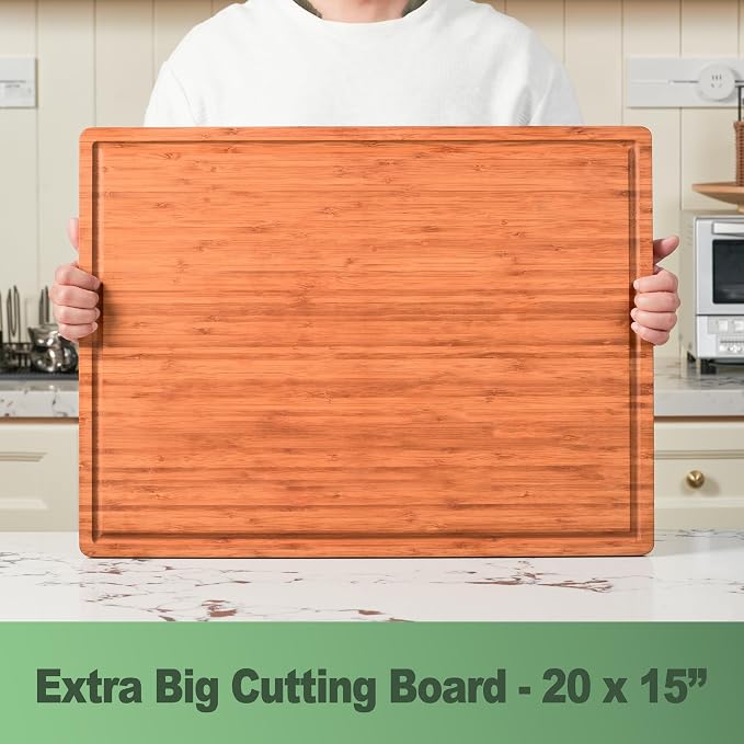 Allsum XL Cutting Board for Kitchen, 20x15" Extra Large, 1" Thick Bamboo Wood Butcher Chopping Block, Cheese Board, Durable Reversible with Juice Grooves and Handles