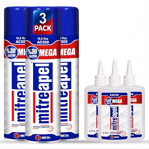 MITREAPEL CA Glue with Activator (3x4.5oz+3x16.9 floz) Instant Bond Professional Cyanoacrylate Adhesive and Super Glue Accelerator for Woodworking,Ceramic,3D Printing,Glass, DIY&Craft, Plastic,Repair