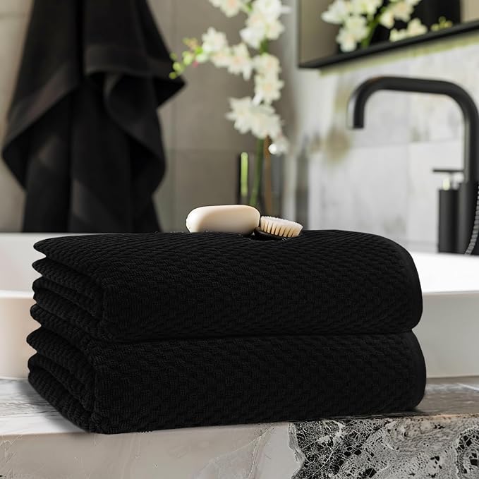 COTTON CRAFT Euro Spa Waffle Weave Bath Sheet - Set of 2 Black Towel Sheets | Pure 100% Ringspun Cotton Oversized Luxurious Towel Set - Soft Plush Super Absorbent Low Lint Quick Dry - 35 x 70 inches