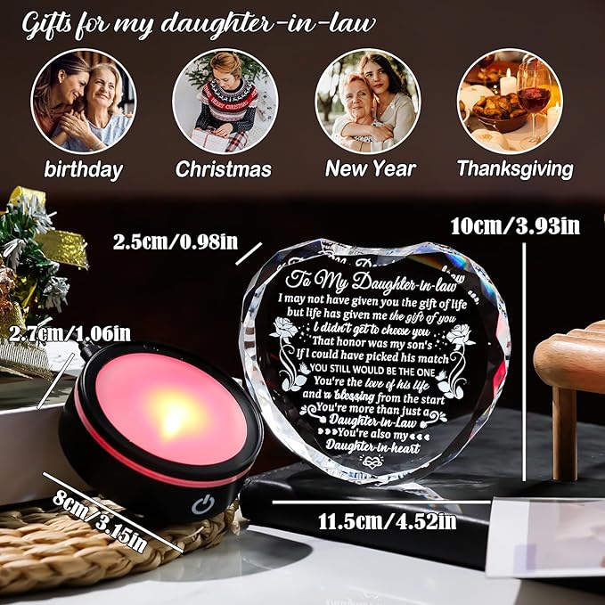 Arikyrist Crystal Heart Gifts for Daughter in Law from Mother in Law with LED Light Base on Wedding Birthday Mother's Day, to My Bonus Daughter Gift Idea Unique Keepsake