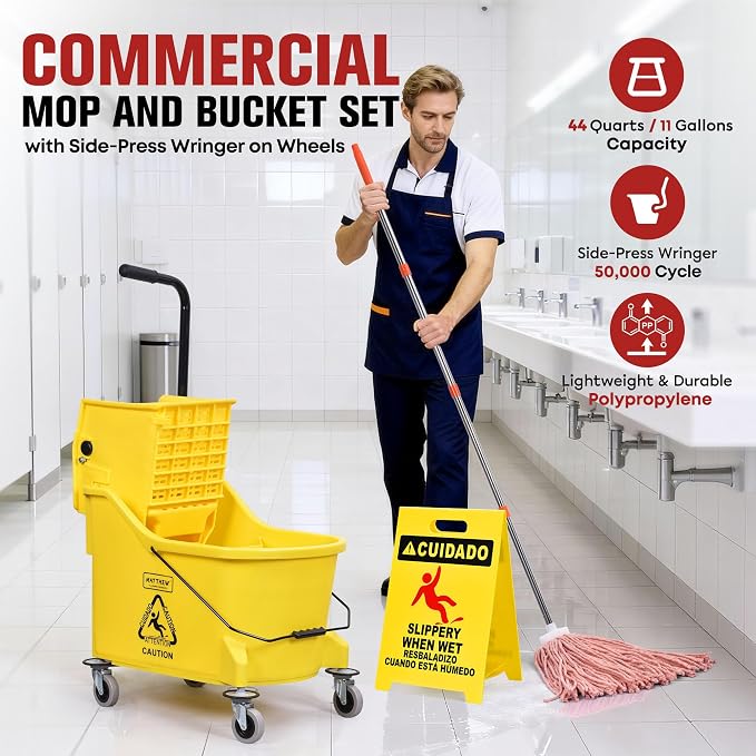 Matthew Cleaning 44Quart Commercial Mop Bucket INCL.Wet String Mop& 19'' Industrial Wet Floor Sign with Side Press Wringer On Wheels,Tandem Portable Floor Cleaning Wavebrake,Ideal for Household