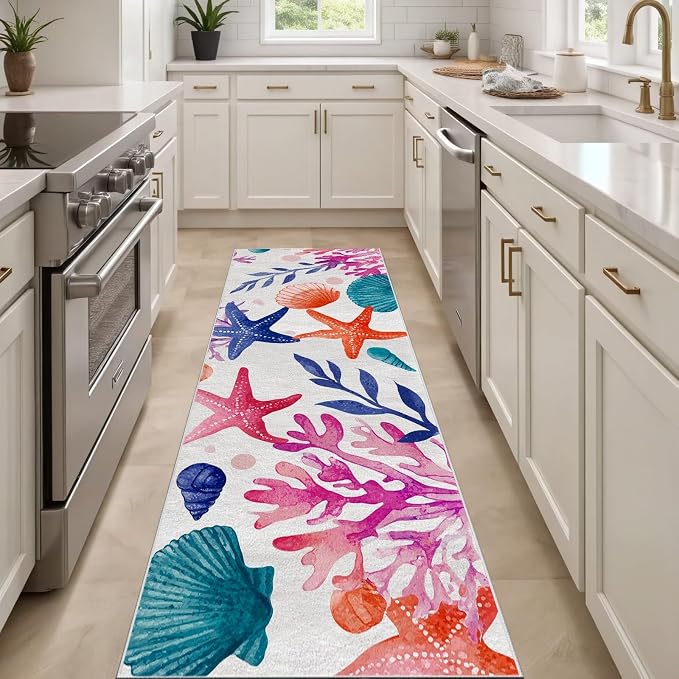 Coastal Seaside Washable Runner Rug 2.6x7 - Watercolor Ocean Entryway Rug, Ultra-Thin Kitchen Rugs, Starfish Scallop Coral Anti Slip Runner Rugs for Entrance Laundry Room Corridor Bedroom