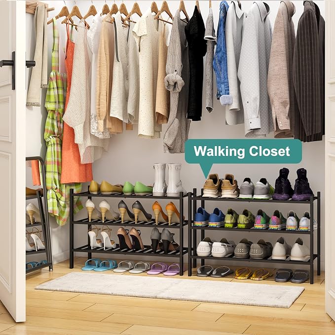 viewcare 3-Tier Black Bamboo Shoe Rack for Entryway, Stackable | Foldable | Natural, Shoe Shelf Storage Organizer for Hallway Closet, Free Standing Shoe Racks for Indoor Outdoor