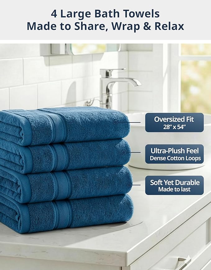 LANE LINEN 100% Cotton 4 Pack Bath Towels Set (28"x54") - Zero Twist, Large Cotton Towels for Bathroom - Quick Dry, Soft & Absorbent Bath Towel Set - Pre Shrunk, Wide Variety of Colors - Sea Port